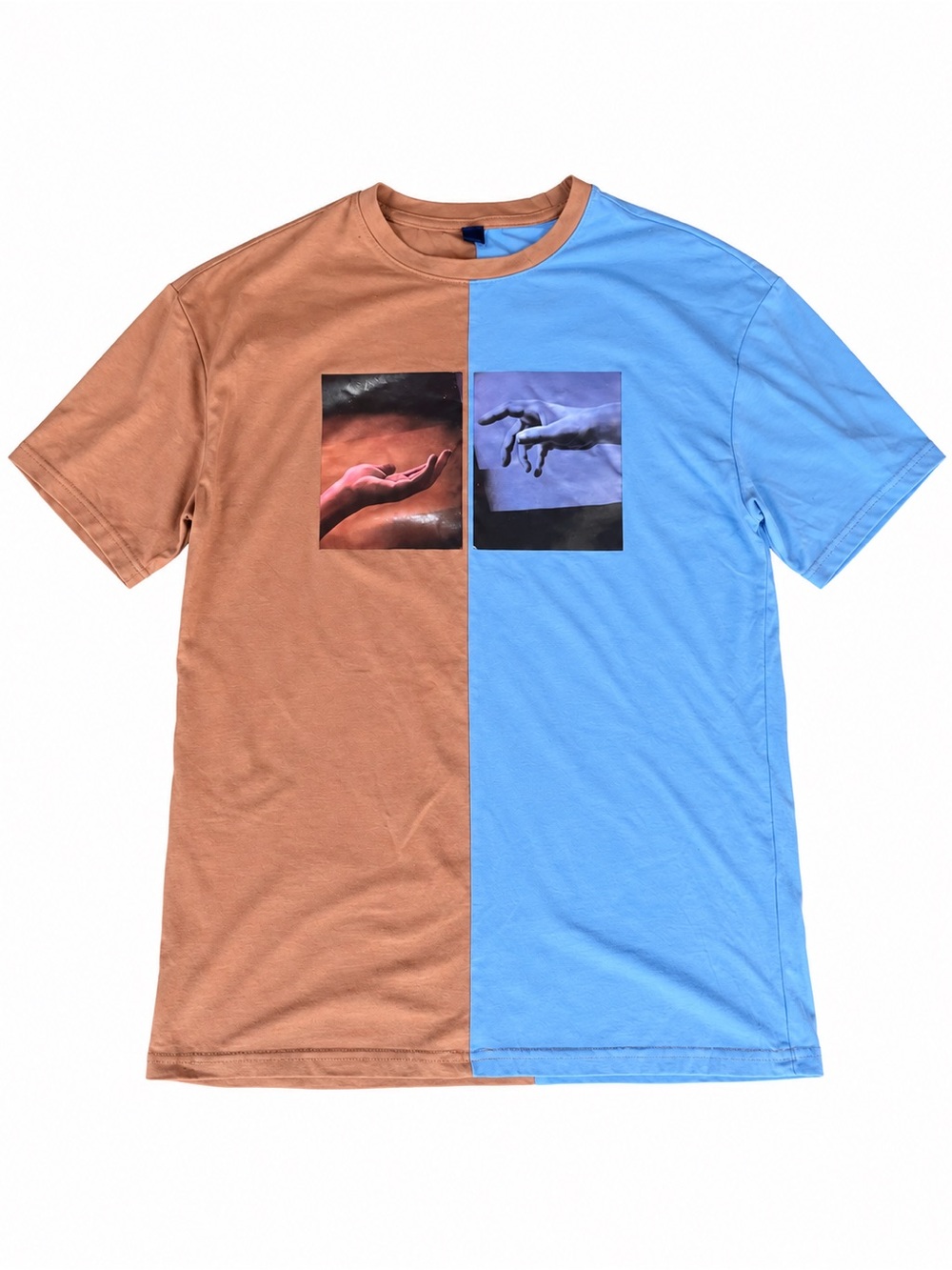 SHEIN Brown & Light Blue Half-and-Half Short Sleeve Graphic Tee
